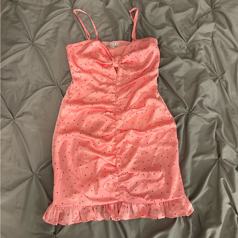 pink and black polka dot dress